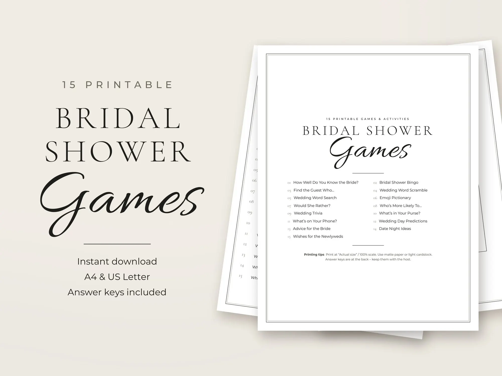 Bridal shower games bundle – 15 printable minimalist games including bingo and how well do you know the bride