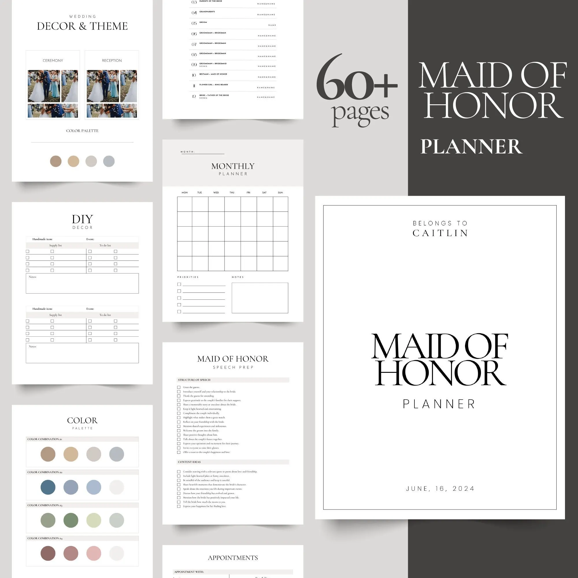 Printable maid of honor planner with 60+ pages – cover, monthly calendar and checklist pages
