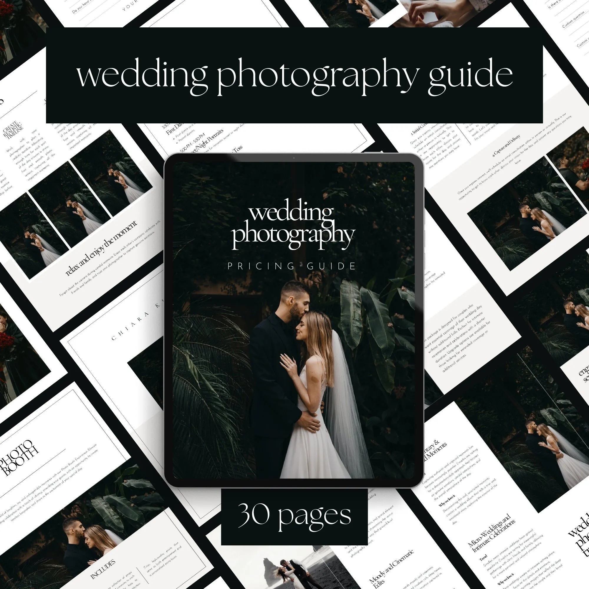 Wedding photography pricing guide template, 30 pages, dark editorial design shown on a tablet
