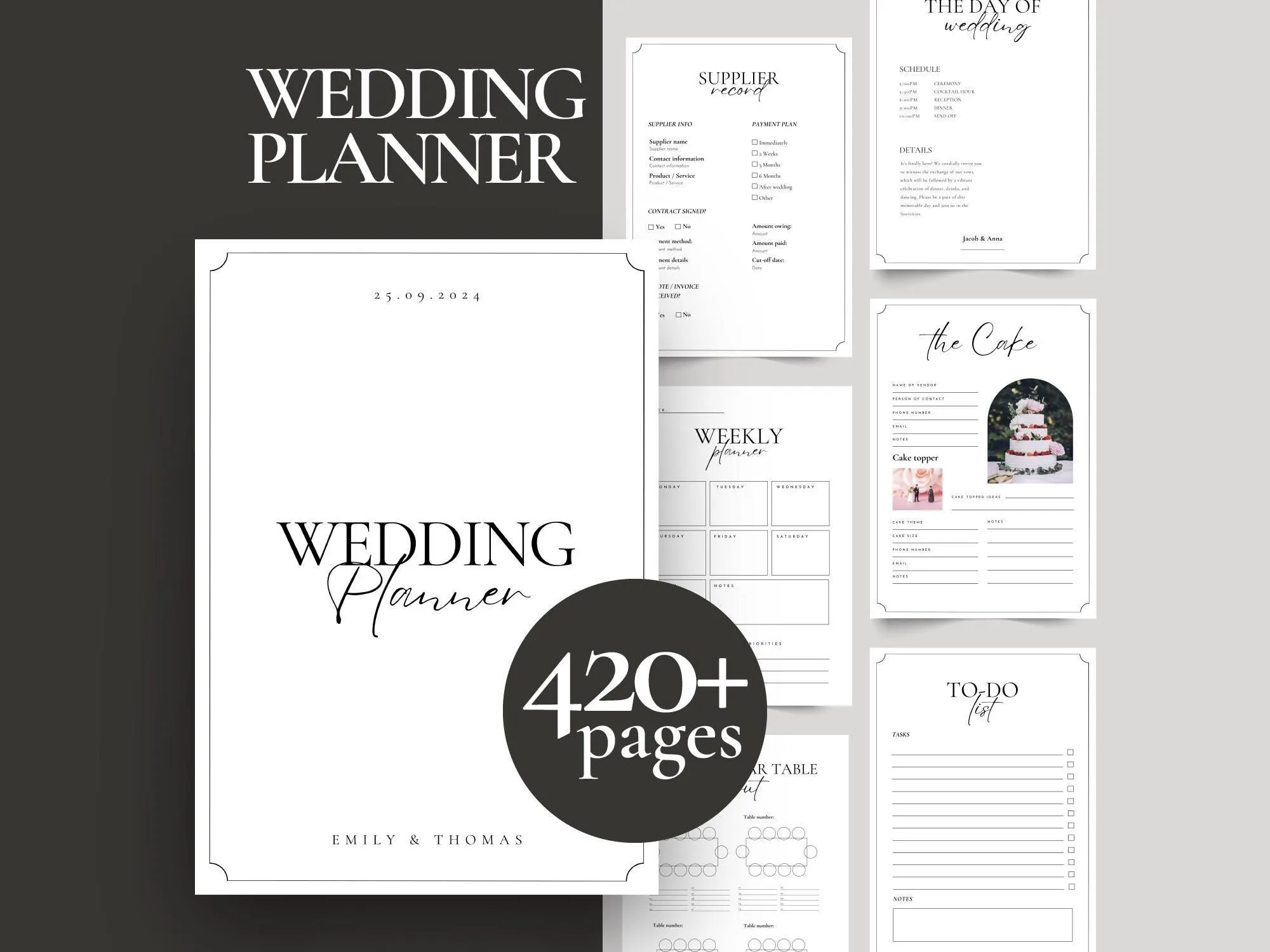 Printable wedding planner binder with 420+ pages – cover, weekly planner and supplier pages in minimalist black and white